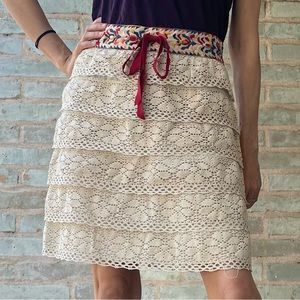Anna Sui Skirt Oaxaca Anthro Crochet Lace Tiered Ruffle Embroider Boho Medium M